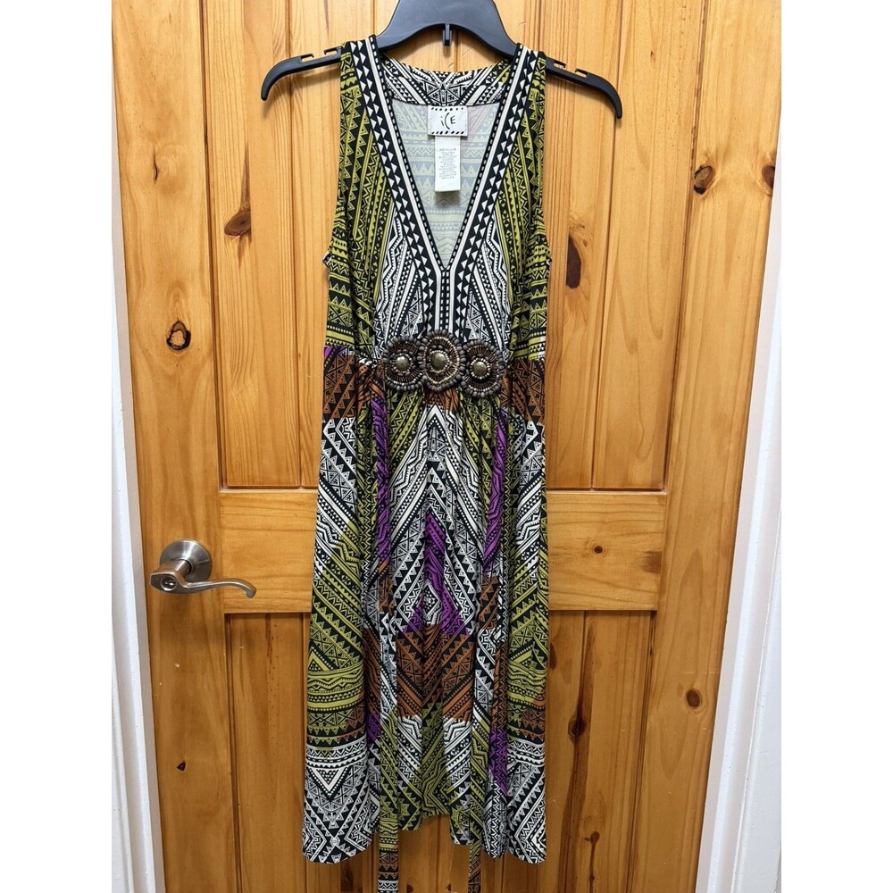 Eci New York Maxi Dress Beaded Geometric Boho Y2K Sleeveless V Neck Size Medium